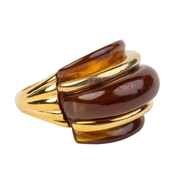 Kenneth Jay Lane, Gold and Tortoise Double Ribbed Ring - Picture 1 of 11